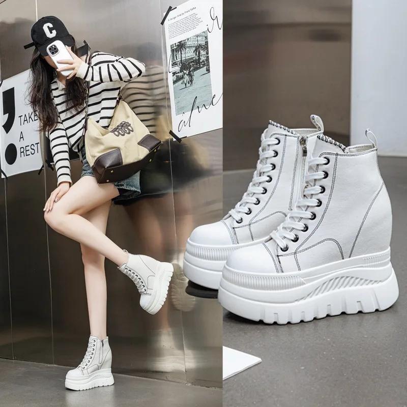 Fashion 12CM New Denim Women Breathable Platform Hidden Heels Shoes Genuine Leather Synthetic Chimney Fashion Spring Ankle Booties