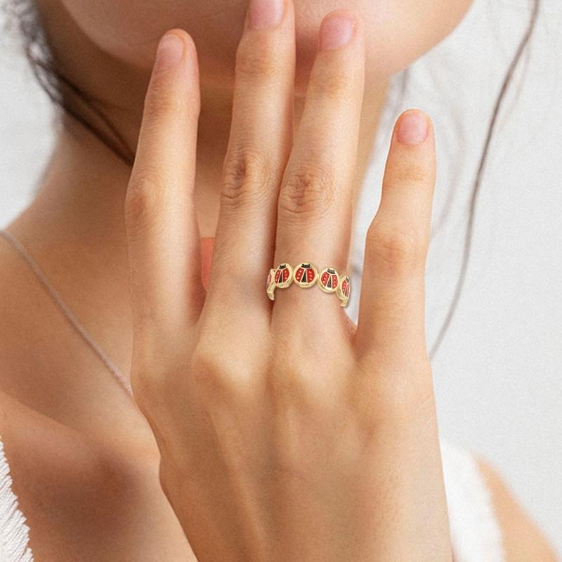 Marienkäfer Ring zum Öffnen Buntes Drip-Glasur Kunstwerk auf Kupfer Leichter Schmuck für Damen Modeaccessoires