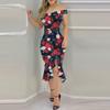 Fashion Women's Loose Sexy Prints One Shoulder Irregular  Ruffle Hip Dress