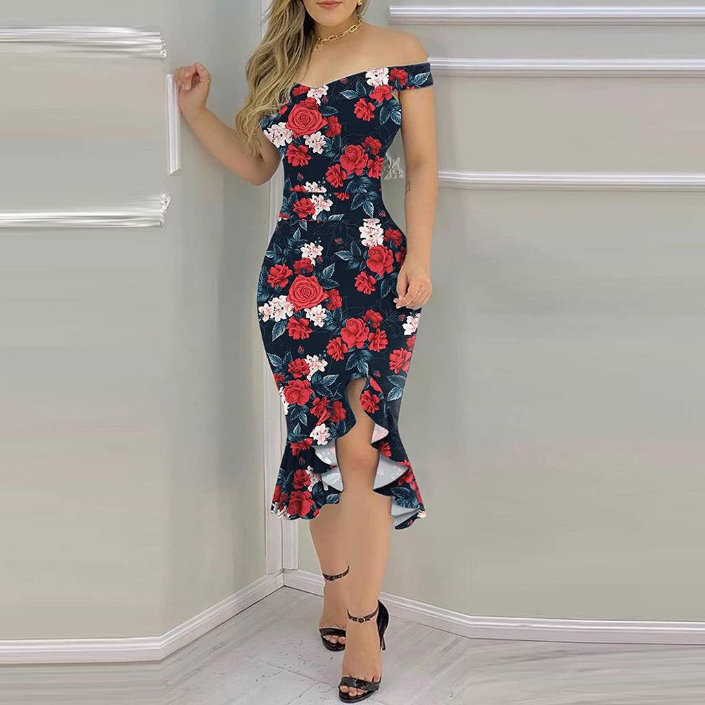 Fashion Women's Loose Sexy Prints One Shoulder Irregular  Ruffle Hip Dress