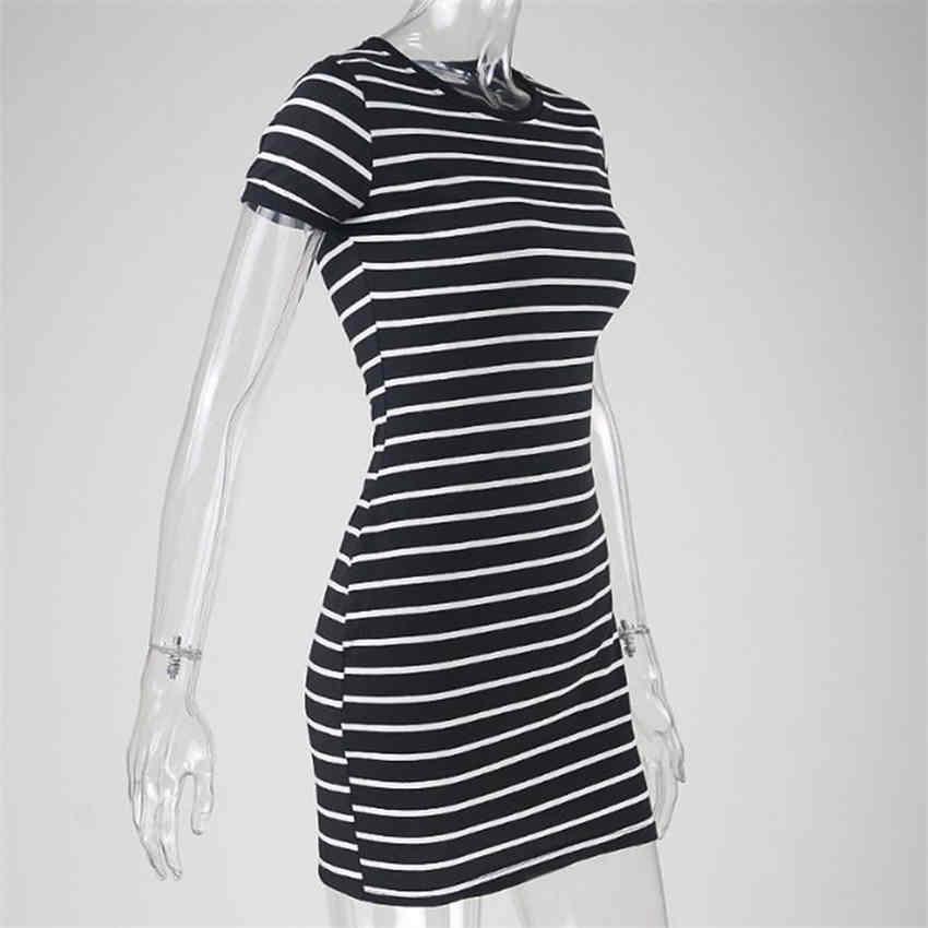 Women Striped Bodycon Dress Summer Short-sleeved Casual Dress Round Collar Beach Holiday Dress