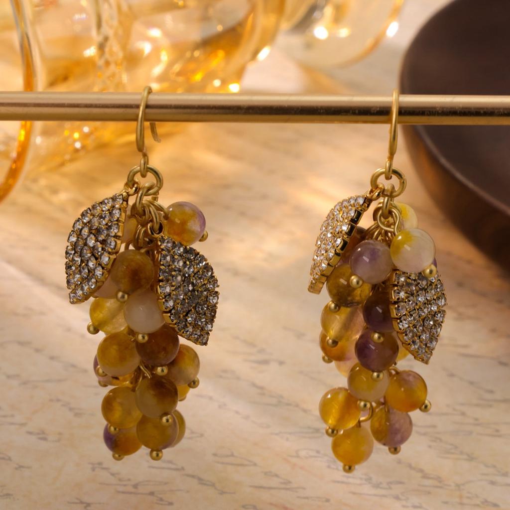 Vintage Western Grape Skewer Agate Colored Stone Earrings Electroplated Simple Luxury Versatile Style