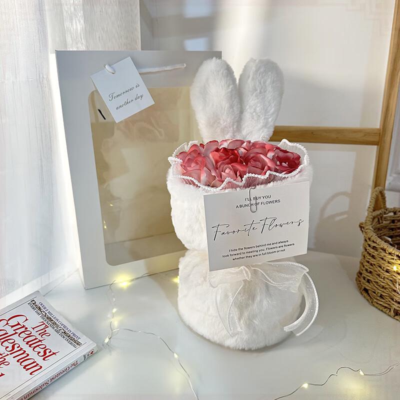 OJW Plush Rabbit Ear Soap Flower Rose Bouquet
