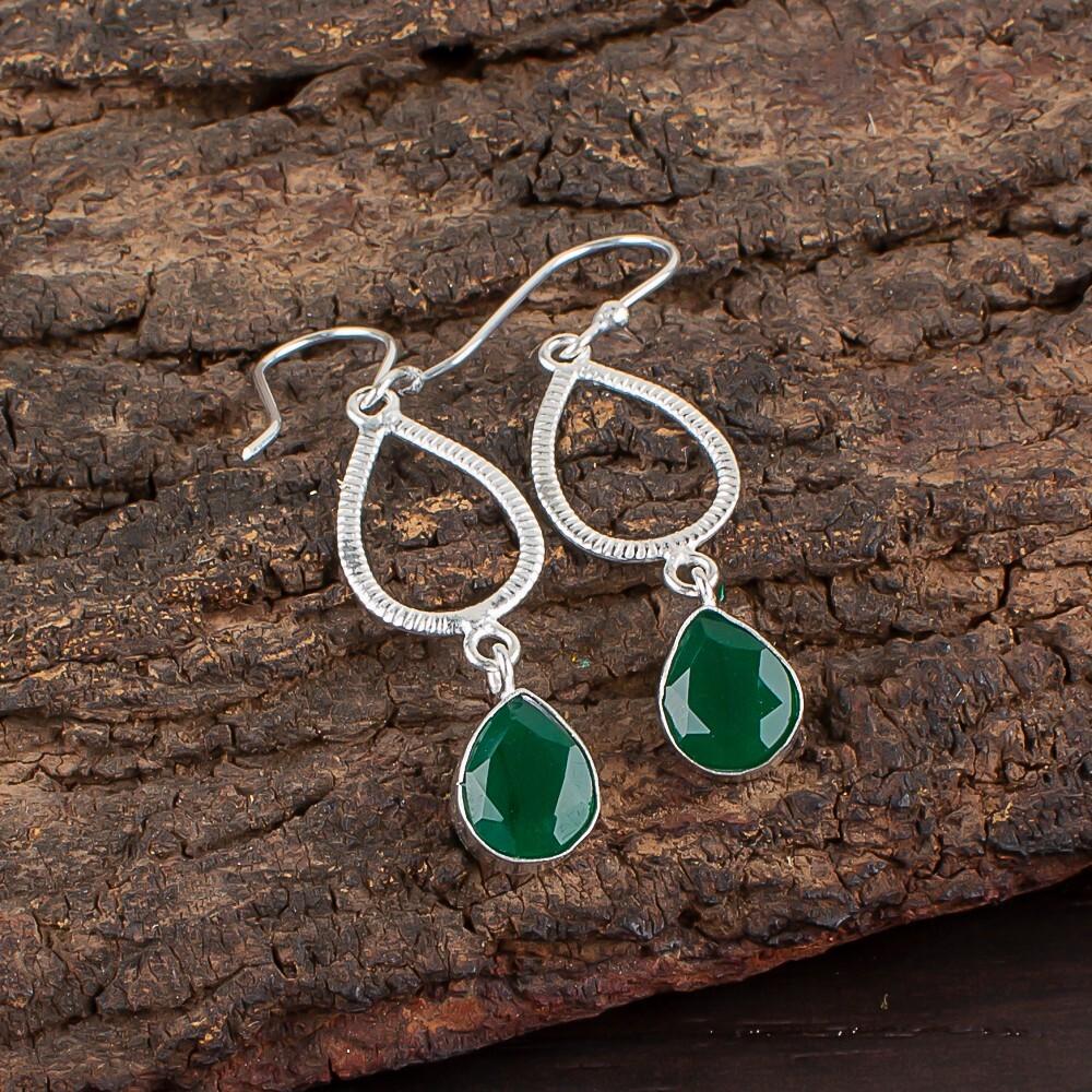 Natural Green Onyx Gemstone 925 Sterling Silver Jewelry Handmade Earrings 1.90" EE-16-18