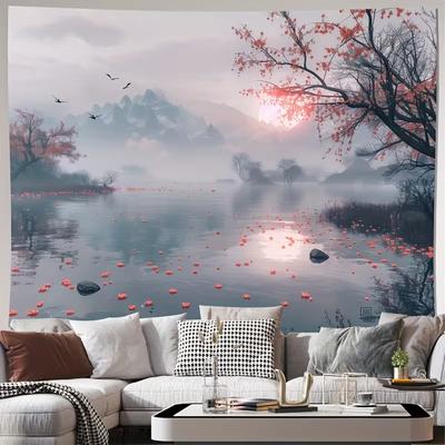 2D Cherry Blossom Lake Tapestry, Misty Sunrise Mountain Wall Art for Home Decor