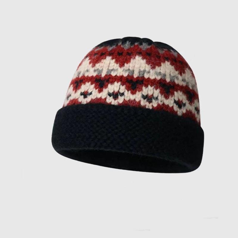 Handmade Ethnic Style Jacquard Knitted Pot Hat Women's Autumn and Winter Versatile Warm Face Small Curling Thickened Wool Bucket Hat
