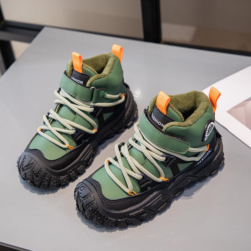 Children's Shoes with Fleece Lining, Mid-Top Sports Shoes, Winter New Style, Girls' Soft Sole, Double Cotton Casual Shoes, Boys' Running Shoes