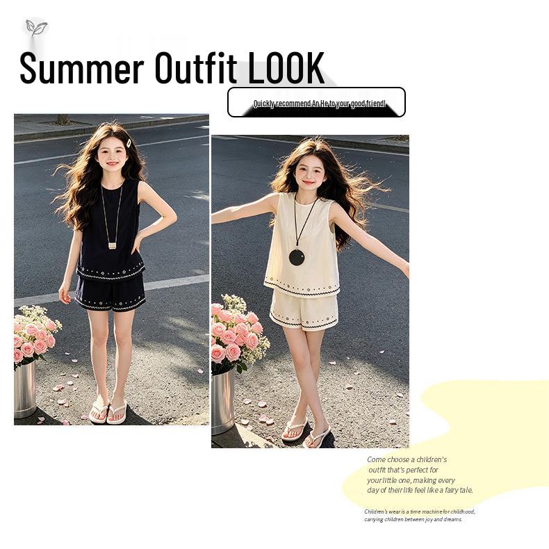 Girls' Embroidered Vest & Shorts Summer 2026 Two-Piece Set - Medium & Large Sizes