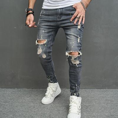 2024 Europäische und amerikanische Herrenjeans, kniegetragen, elastisch, lässig, schmal geschnittene Herrenhose mit kleinem Fuß