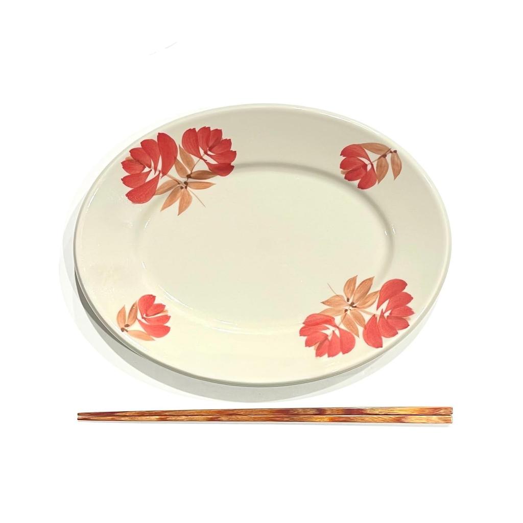 Hasami Ware Plate, Hand-Painted, Indigo Dyeing Kiln, Oriental Style, Oval Plate, Medium, Red, Approx. 24 X 18 Cm