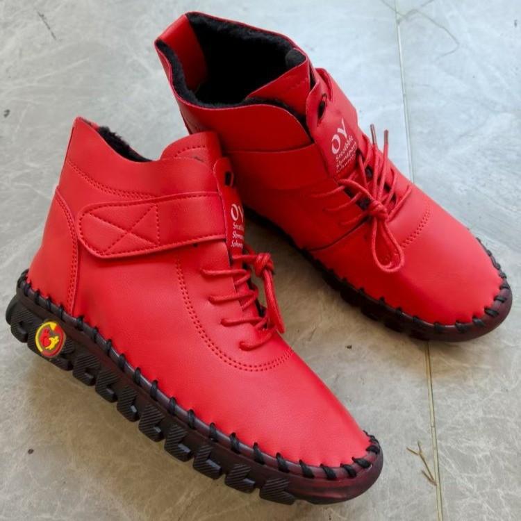 2025 Winter New Velvet Thickened Foreign Trade Large Size Velcro Short Cotton Shoes Hand-stitched Thick Heel Women