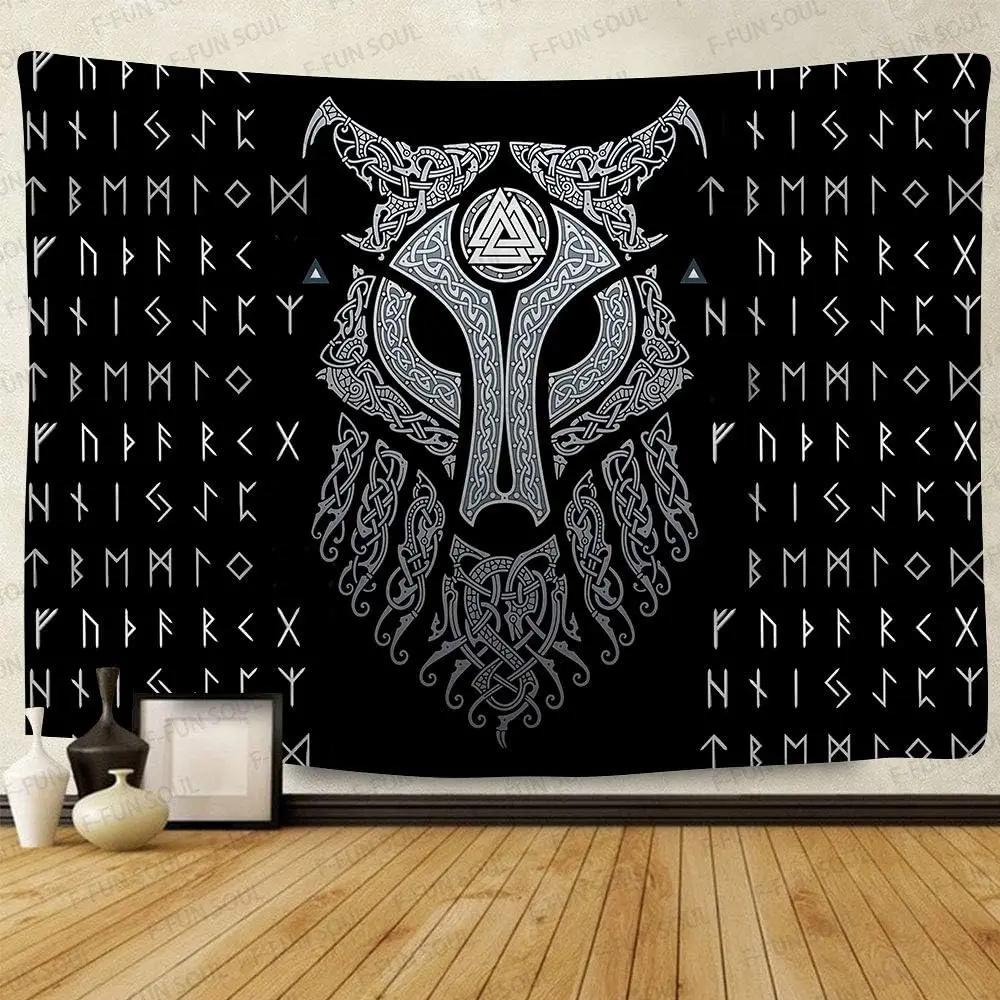 F-FUN SOUL Vikings Tapestry for Men Viking Wolf Tapestries Mysterious Meditation Psychedelic Runes Tapestry Wall Hanging 100X70CM