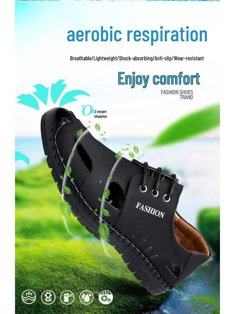 Men's 2025 Summer Soft Leather Non-Slip Closed-Toe Sandals for Beach & Driving