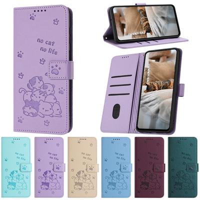 Leather Embossed 3D Cat Animal Print Phone Wallet Case Book Stand For iPhone 16 15 Pro Samsung S25 S24 Xiaomi Redmi 14C Magnetic Card Slot Flip Cover
