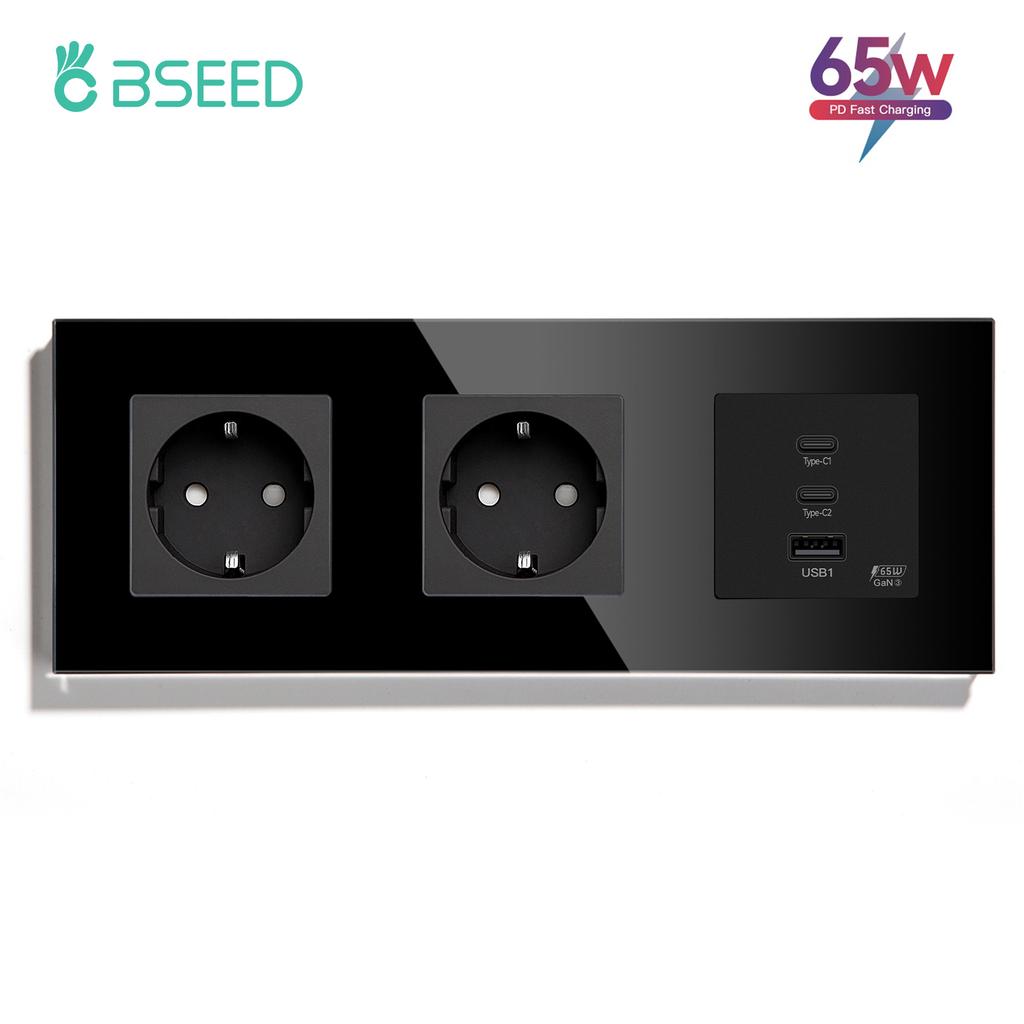 BSEED Power Sockets Electric Outlets Plus Dual Type-c USB Fast Charging Ports 65W 3A Glass Frame EU Standard Wall Embedded
