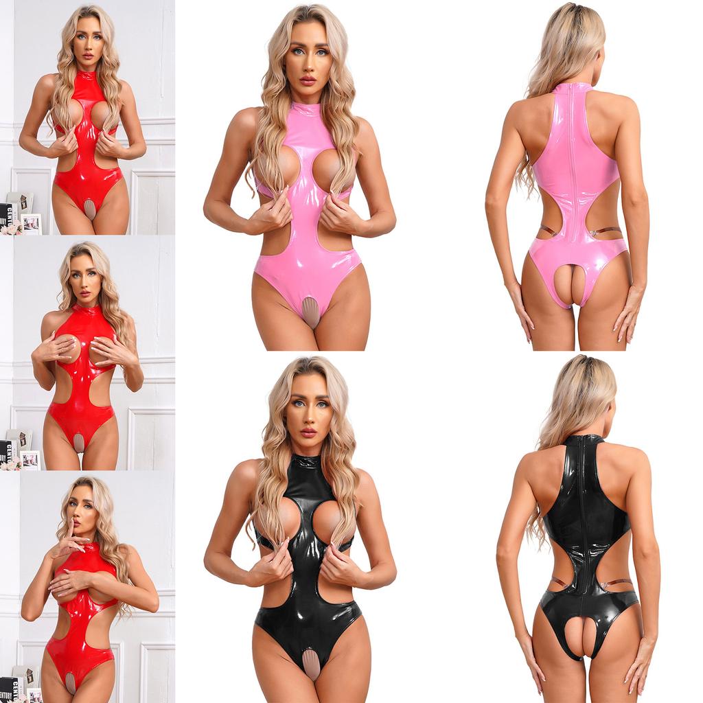 Womens Wet Look Patent Leather Bodysuit Mock Neck Sleeveless Tempting Catsuit Jumpsuit Nightwear