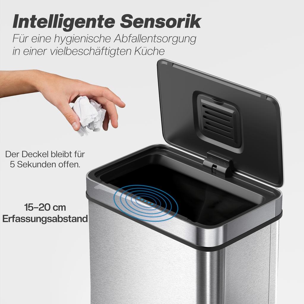 50 L Sensor Can, Sensor Bin with Soft-Close Lid, Fingerprint-Proof Stainless Steel, Silver Tone
