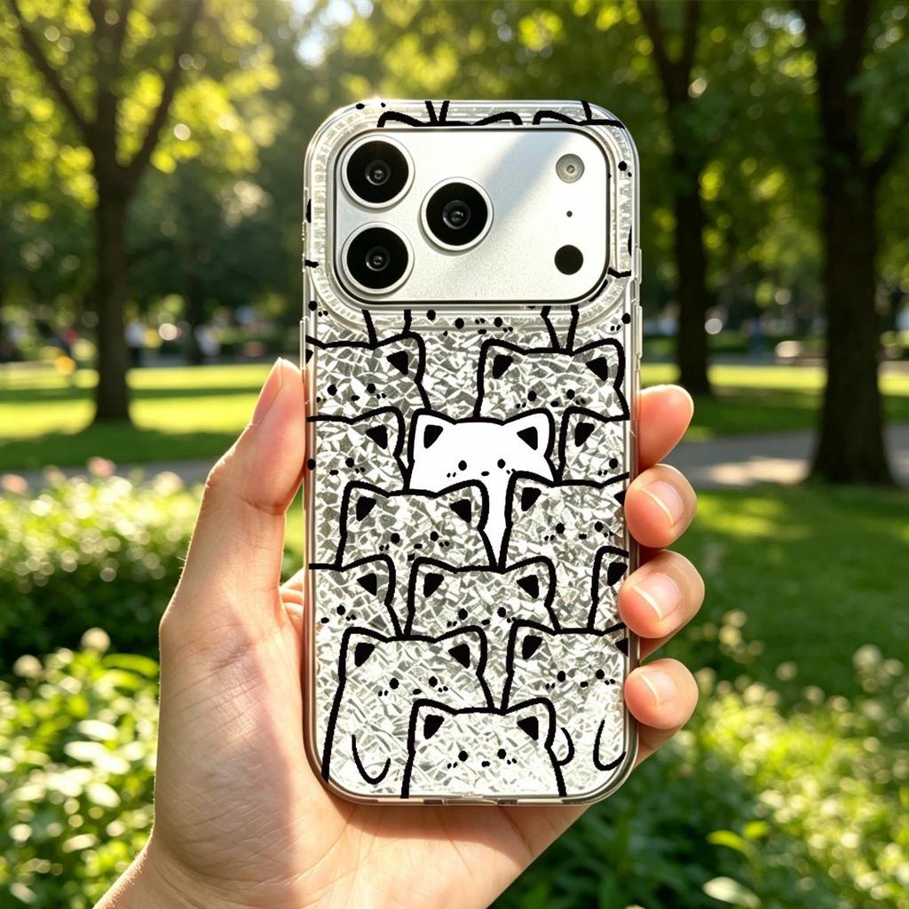 Case for iphone 14 17 Pro XS Max 18 Pro Max 15 13 XR 12 Air 11 16 Plus Silver Glitter Crackle Background Cat Line Patterns