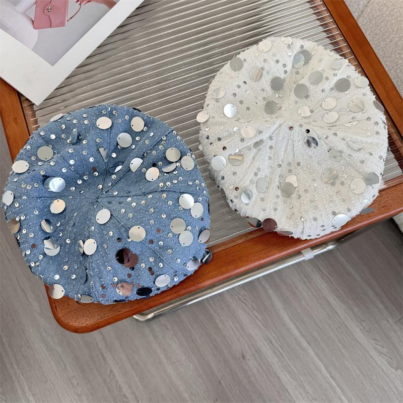 Fashionable Beret Hat For Women Summer With Sparkling Crystals Stylish Cloud Hat Head-widening Face-enhancing Trendy Artist Hat