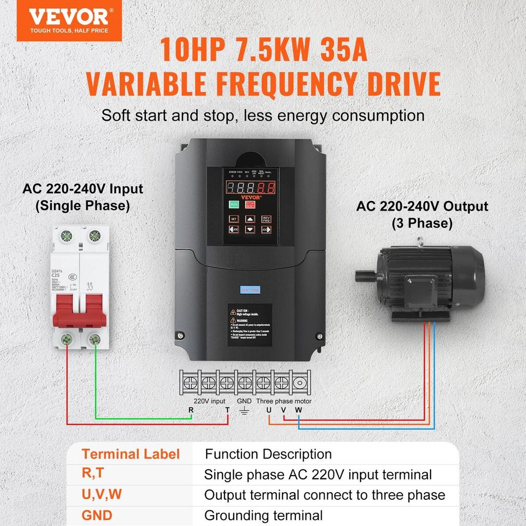10HP, 7.5KW, 35Amps 220V 1 or 3 Phase Input to 3 Phase Output VFD 0-400Hz