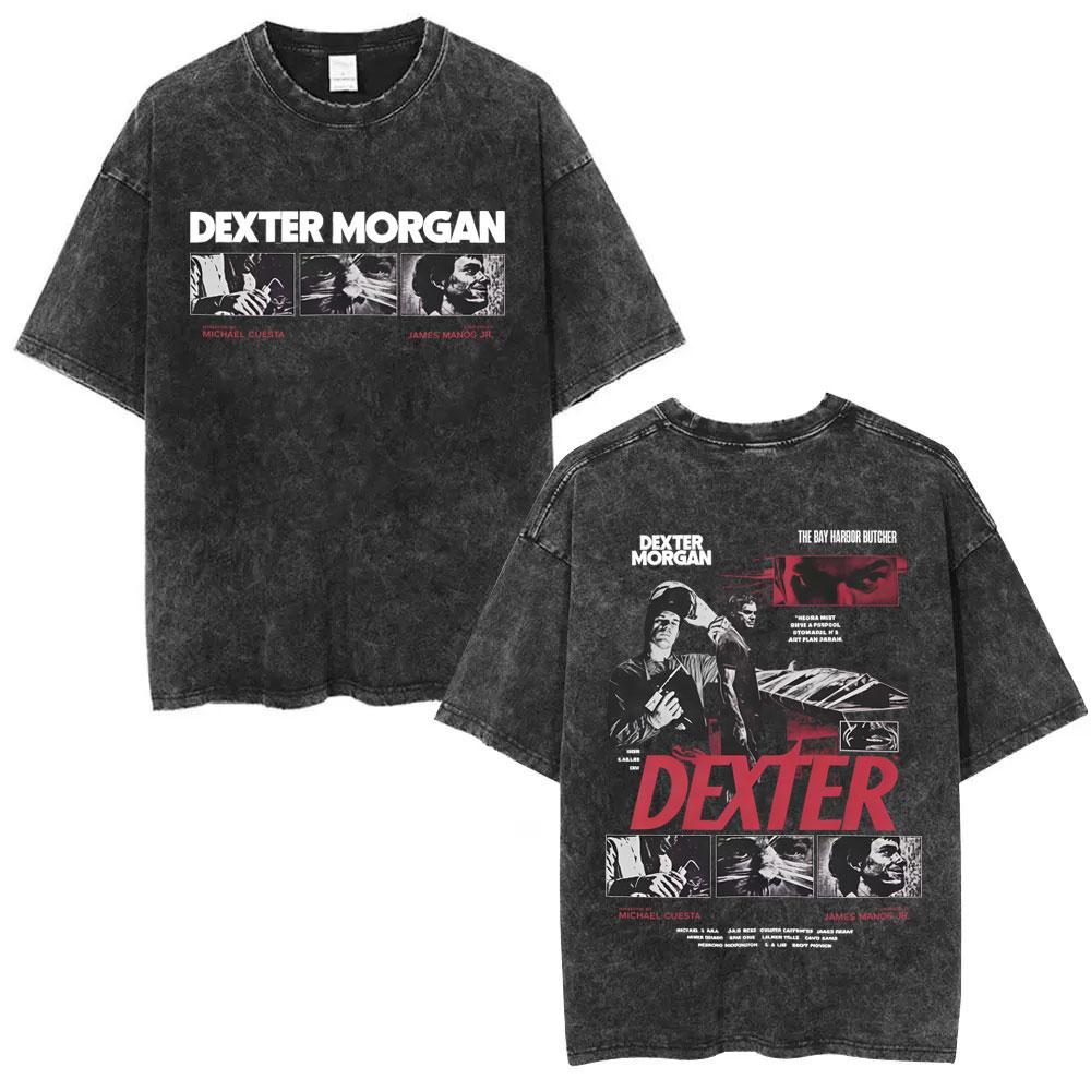 Washed Vintage TV Play Dexter Morgan Face Graphic Tshirt Men Women Casual Cotton Oversized T Shirt Male Classic Gothic Tshirts