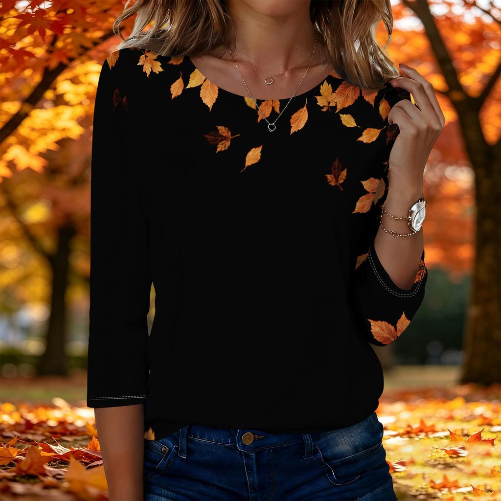 Women's Fashion Casual Three-Quarter Sleeve Round Neck Top with Leaf Print