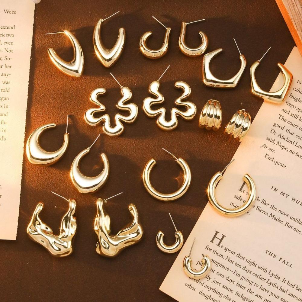 Classic Trendy Gold Color Irregular Acrylic C-shaped Pentagon Flower Stud Earrings for Women Korean Charm Jewelry Accessory Gift
