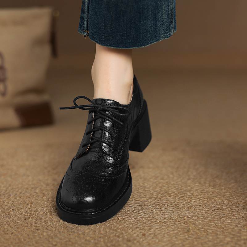 Krazing Pot Sheepskin Autumn Winter Shoes Lace Up Chunky Heels Oxford Shoes Size 43 Round Toe Deep Mouth Pumps