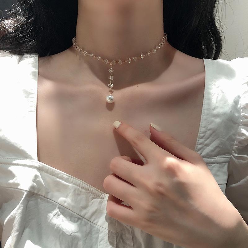 Korean Version of Short Shi Crystal Necklace Collarbone Chain Neck Jewelry Choker Temperament Versatile Fringed Pearl Pendant
