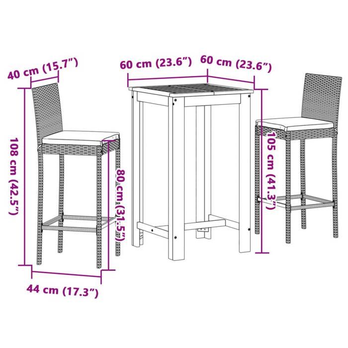 VidaXL Ensemble de bar de jardin 3 pcs noir bois massif acacia rotin, table et chaises de bar d'extérieur, ensemble de 3295262