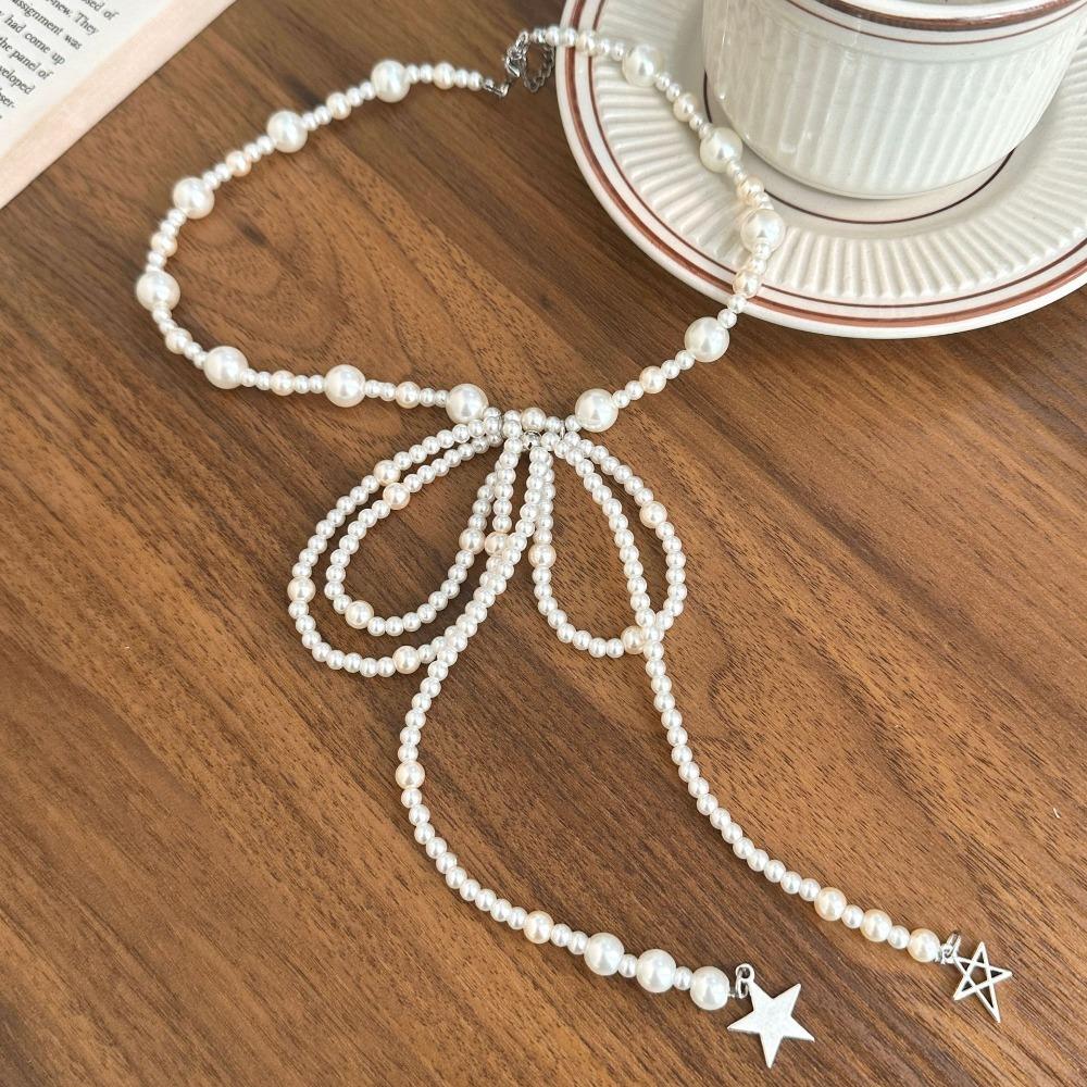 Bowknot Beaded Necklace Alloy Collar Chain Exquisite Neck Jewelry Daily