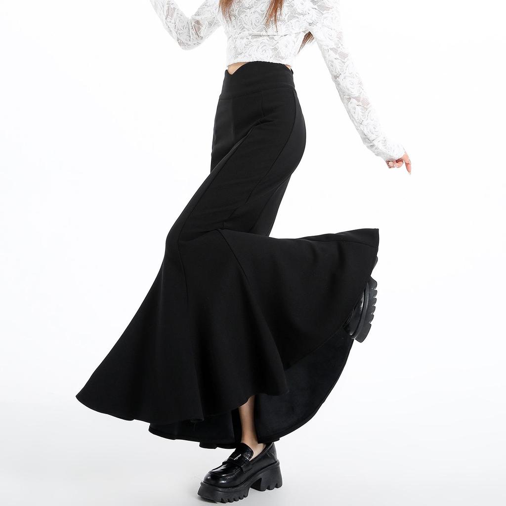 Women's Spring High Waist Elastic Fishtail Long A-line Skirt - Slimming, Large Hem, Hip-Hugging Design