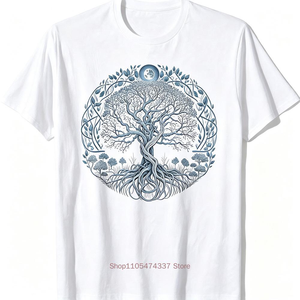 Unisex Cotton Viking Mythology Tshirt Yggdrasil Tree With Moon Stars Norse Graphic Tee Black Blue Viking Design Unisex Clothing