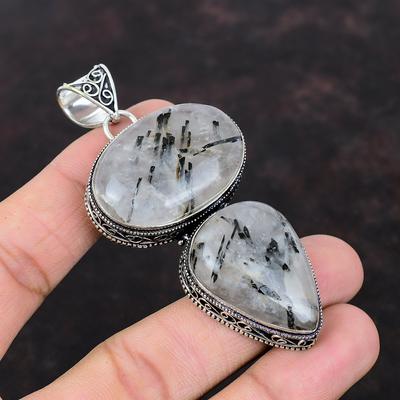 Melns rutila kulons Dārgakmeņu kulons Stilīgs kulons 925 Sterling Sudraba kulons Roku darbs Vintage Juvelierizstrādājumi Boho kulons Sieviešu īpaša dāvana