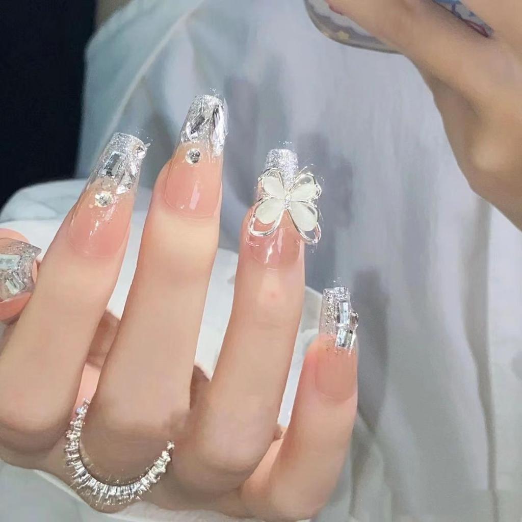 10pcs/set Handmade Fake Nails Nail Stickers Exploding Silver Diamond Cat's Eye Stone Bow Wearable Nails Removable