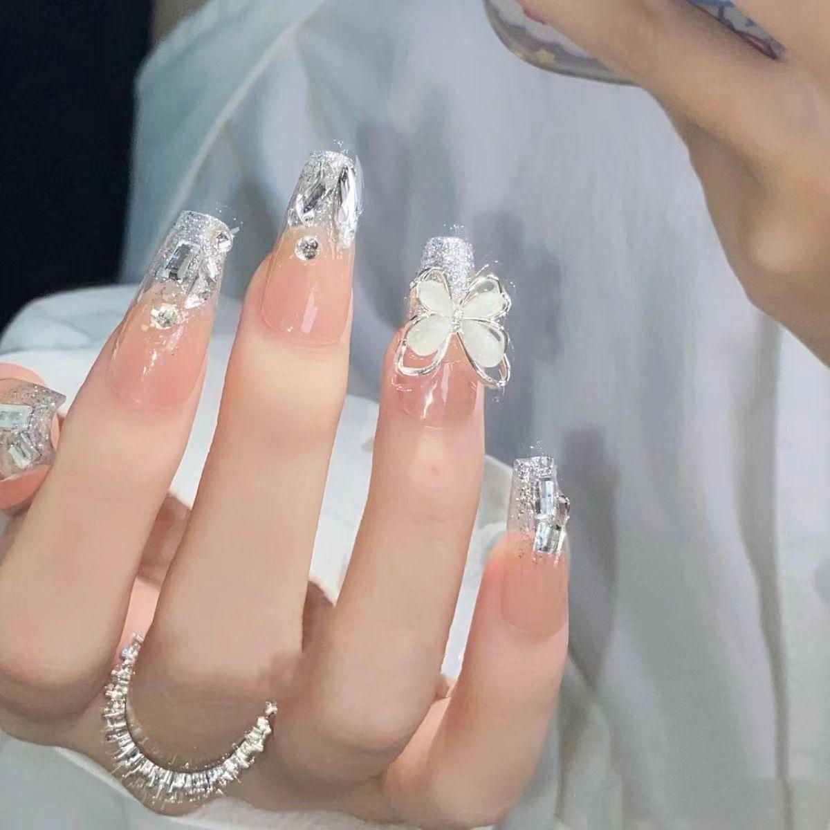 

10 шт./набор накладных ногтей ручной работы наклейки для ногтей взрывающиеся серебряные бриллианты кошачий глаз каменные банты носимые ногти съемные M Medium