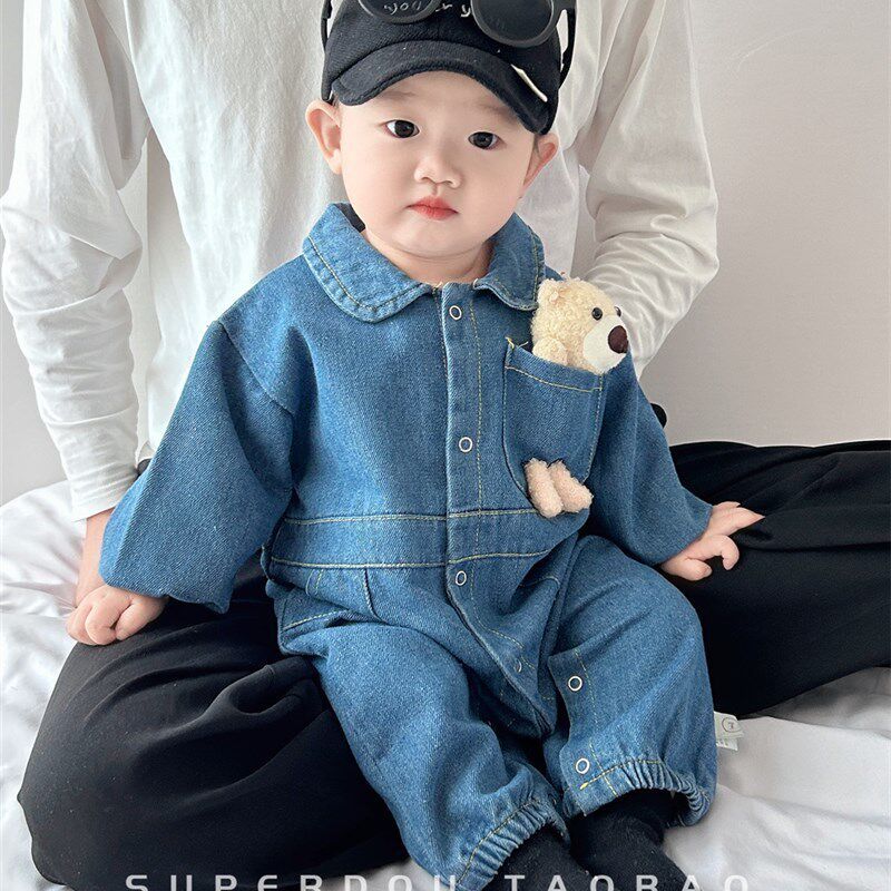 

Super Stylish Baby Romper Autumn New Korean Style Handsome Boy Denim Jumpsuit for 100-Day-Old Babies Denim Blue Long Romper 66 cm