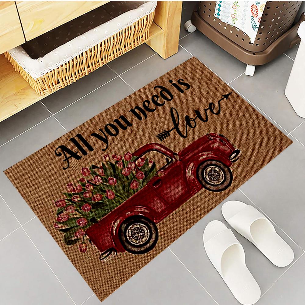 All You Need is Love Red Truck with Tulip Doormat Non-Slip Vintage Truck Entryway Mat Indoor Outdoor Decor Low-Profile Floor Rug