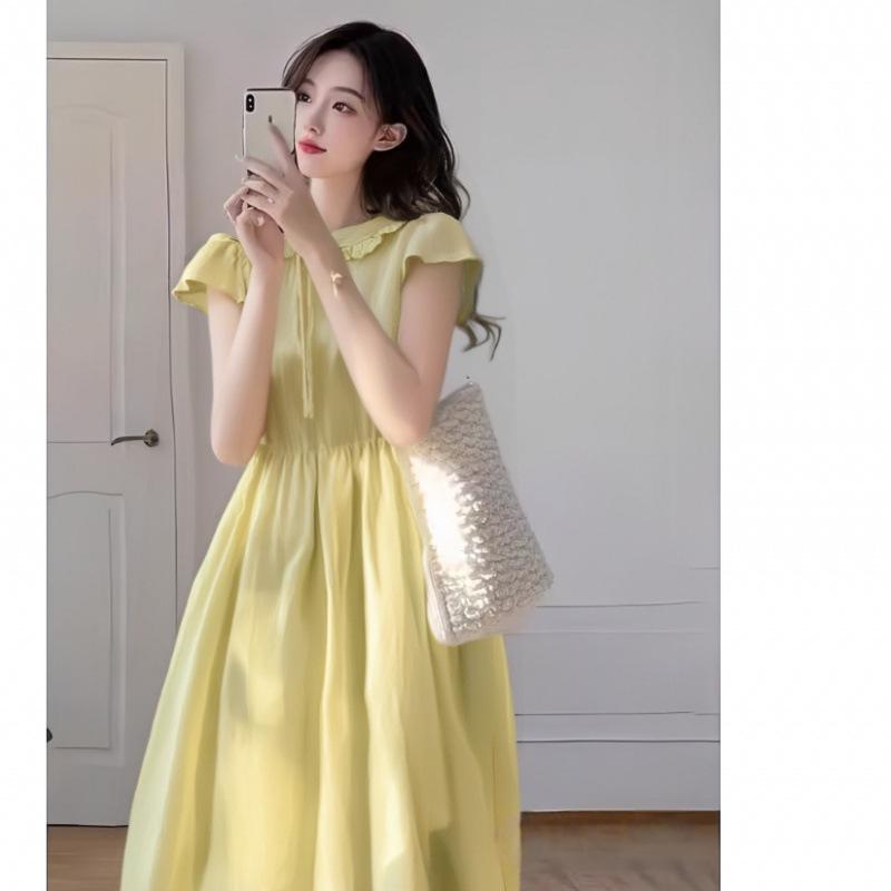 2026 Petite Yellow French Maternity Summer Dress - Elegant Vacation Style L