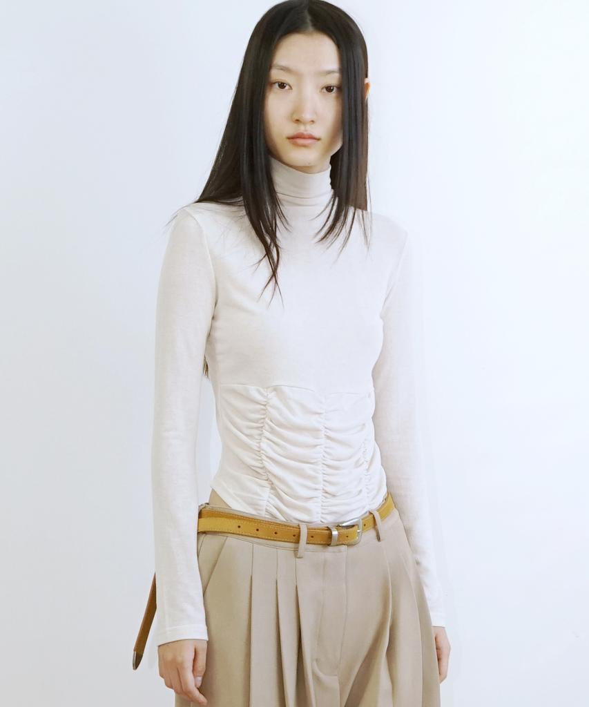 PROVO Mock Neck Shirred Tee / Beige