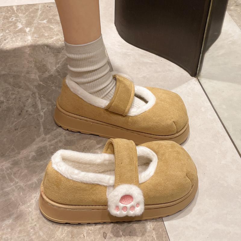 Fashion Cute Plush Cat Paw Decoration Cotton Slippers Women 2025 Winter Sweet Suede Indoor Slides Warm Thick Bottom Short Plush Shoes