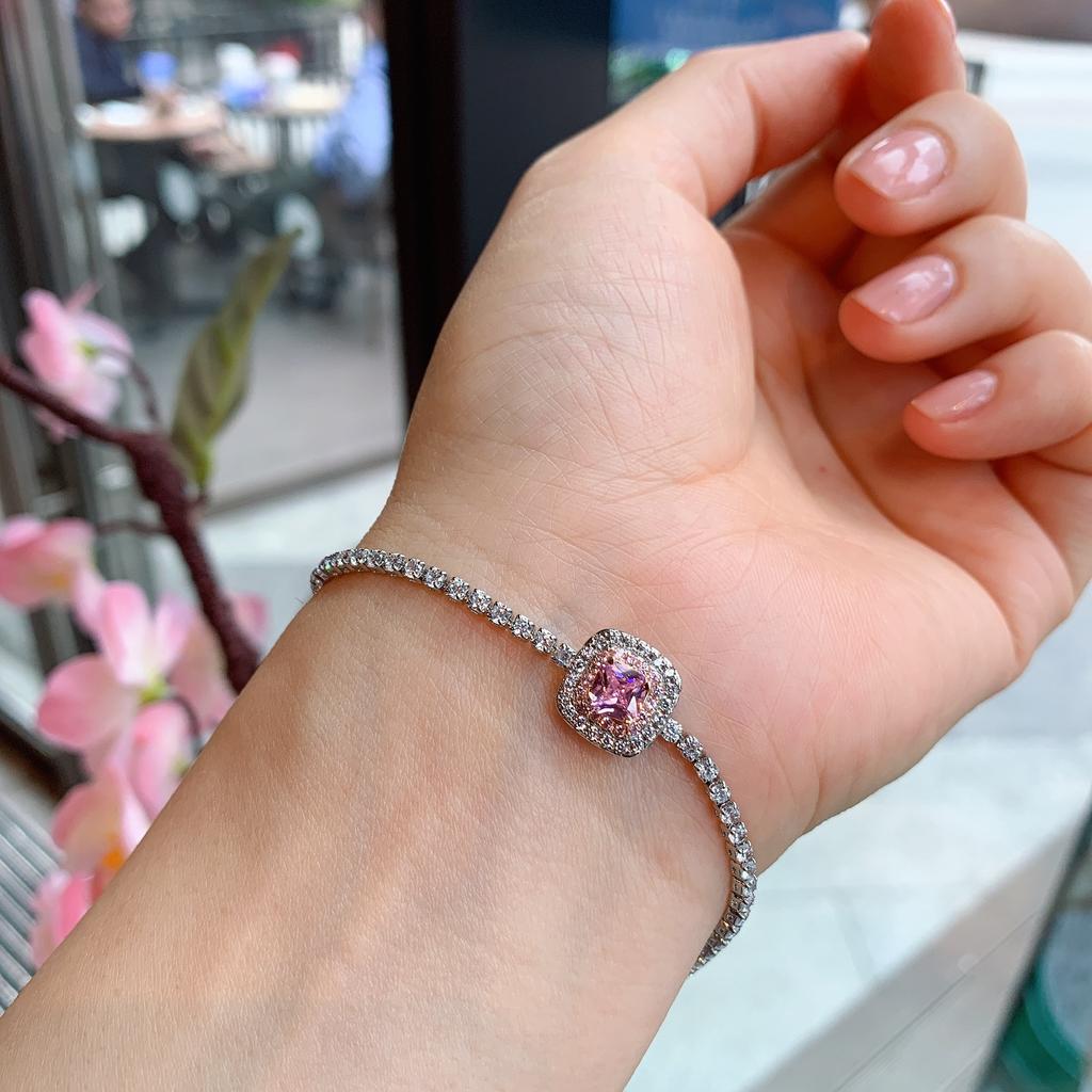 Xiaohongshu small sugar cube ring, flash zircon S111 silver needle pink diamond stud earrings, bracelet, ring accessories, women's models.