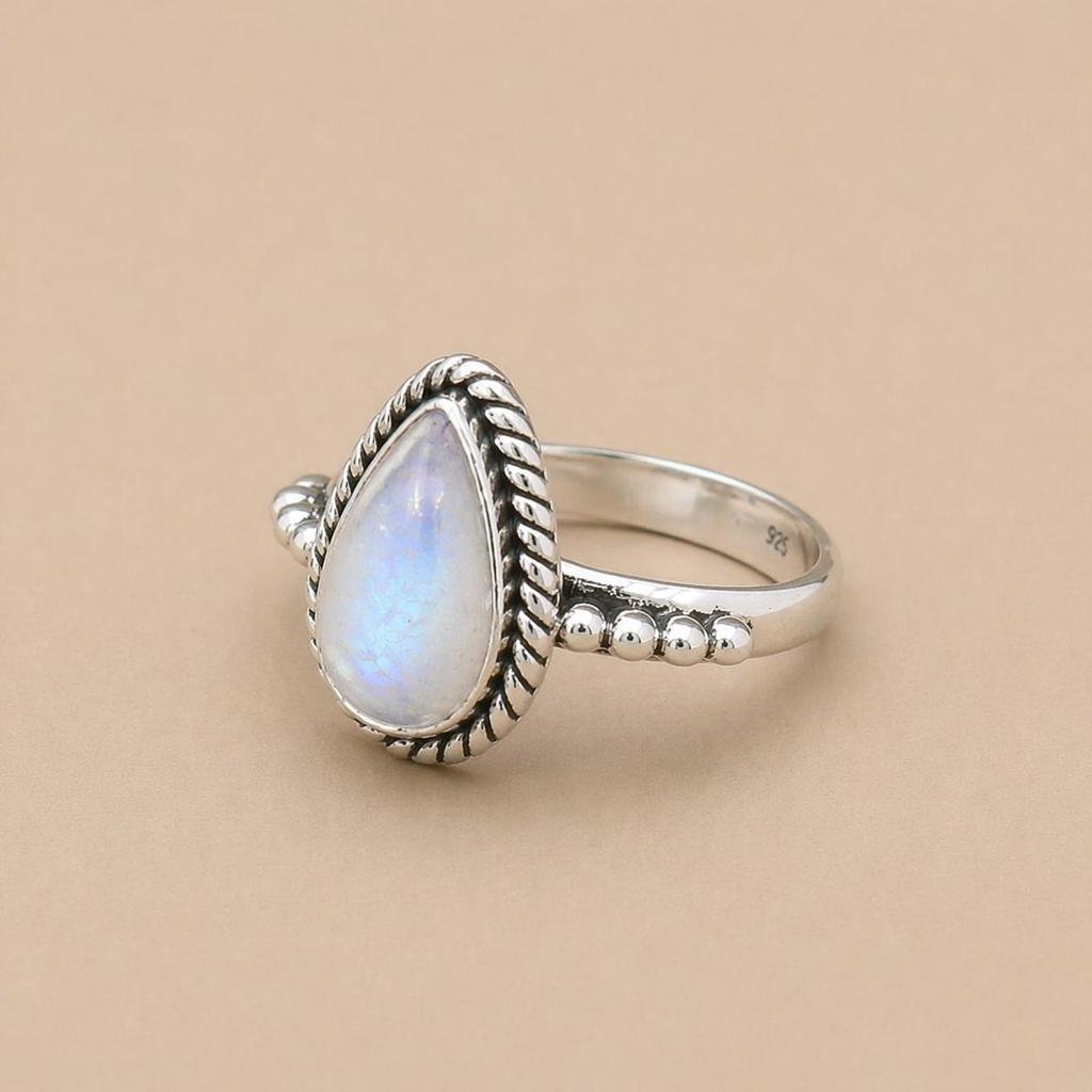 Rainbow Moonstone Pear Ring 8x12 mm, 925 Sterling Silver Teardrop Gemstone Ring, Boho Statement Ring, Minimalist Handmade Jewelry