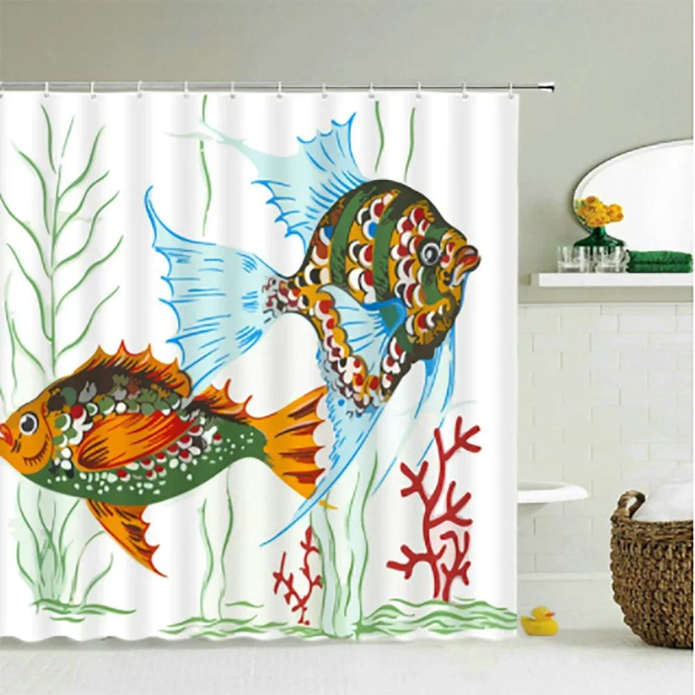Fun Cartoon Sea Animal Shower Curtain, Sea Turtle Octopus Jellyfish Whale Crab Sea Life Landscape, Bathroom Shower Curtain Set