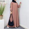Damen Muslimisch Lässig Rundhals Locker Langarm Plissiertes Kleid