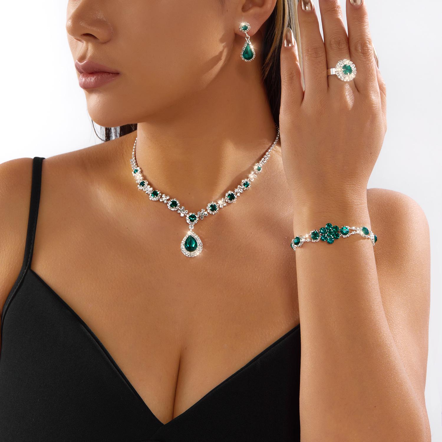 Light Luxury Green Crystal Water Drop Zircon Set For Women Full Rhinestone Zircon Necklaces Bracelet Ring Earrings Wedding Gift