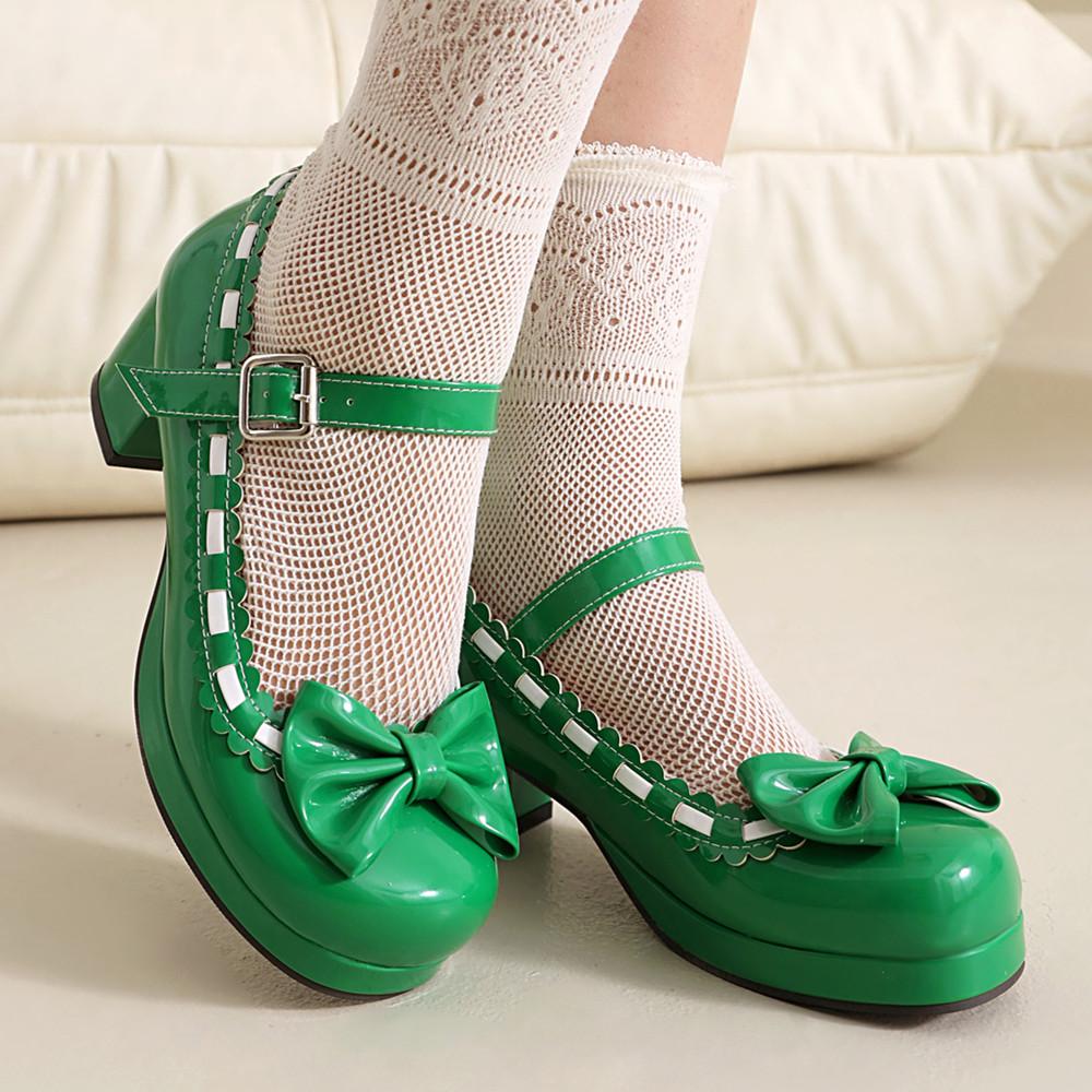 Fashion Size 34-48 Woman Med Heel Lolita Shoes Patent Leather Cute Bow Mary Jane Pumps Bride Wedding Cosplay Party Red Pink Black Green