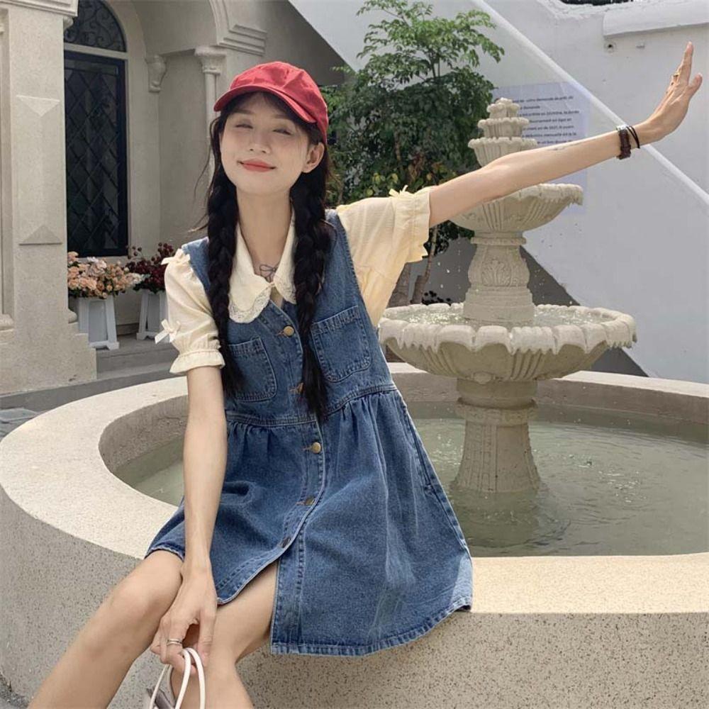Pleated Cowboy Strap Dress High Waisted Sleeveless Short Dress Sweet Denim Camisole Dress  Summer