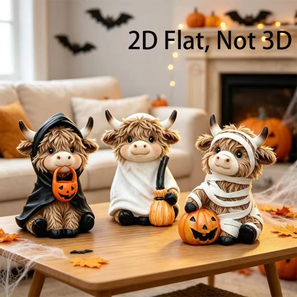 3 Halloween Highland Cow Statues, Cute Ghost Decorations, Hooded and Mummy Cow Statues with Pumpkin Decorations, for Layered Trays, Shelves