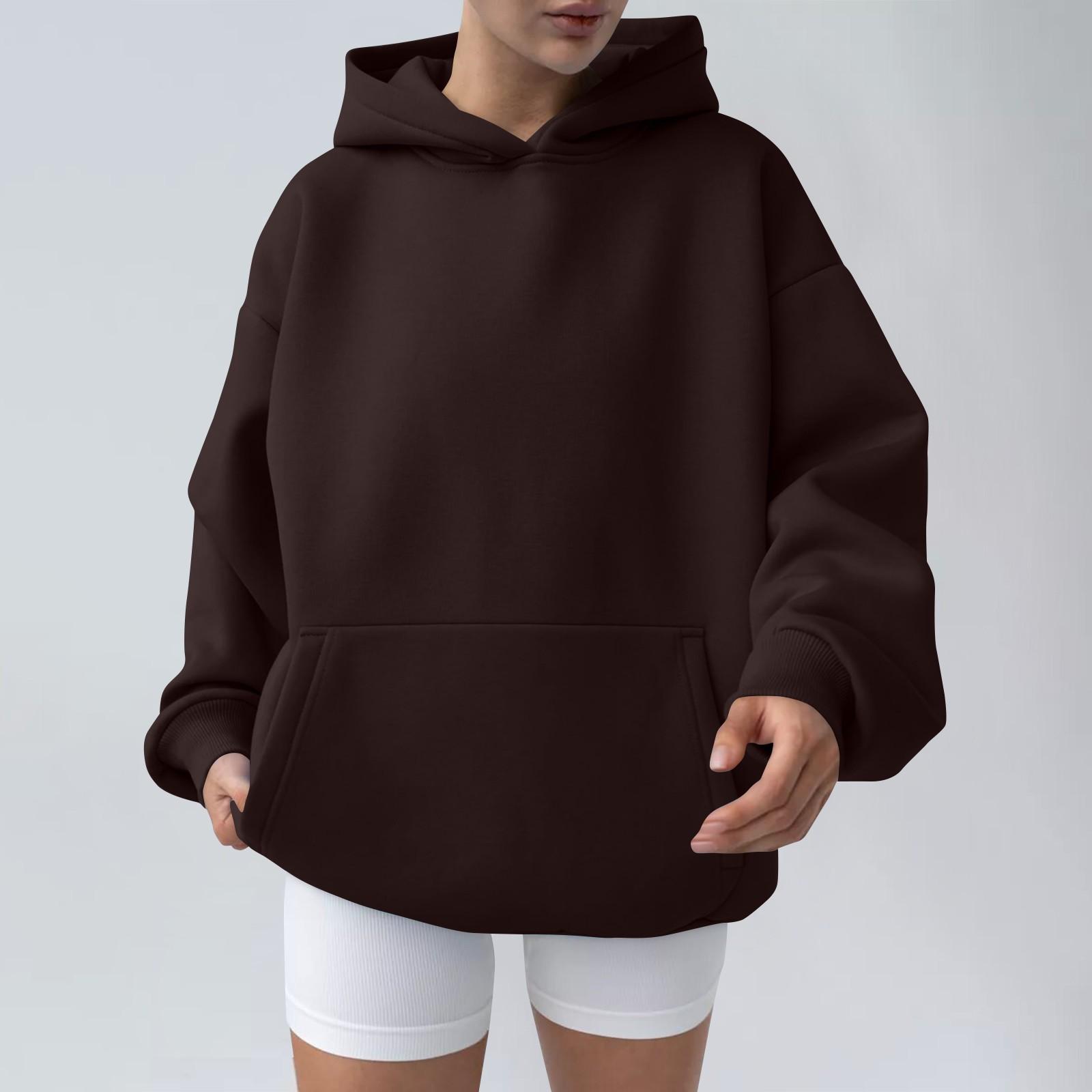 

Женская мода весна и осень с капюшоном толстовка повседневный карманный топ свободный пуловер S кофейный